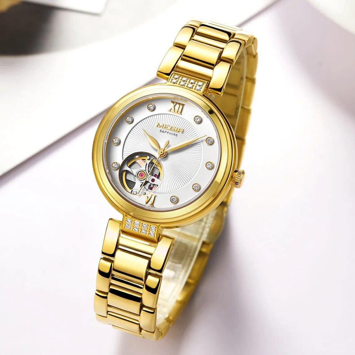 MEGIR Luxury Stainless Steel Gold Women Bracelet Watch Large Dial Automatic Mechanical Wrist Watches Ladies Business Watch Clock 62060