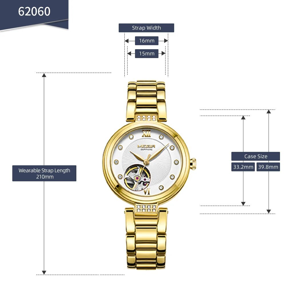 MEGIR Luxury Stainless Steel Gold Women Bracelet Watch Large Dial Automatic Mechanical Wrist Watches Ladies Business Watch Clock 62060