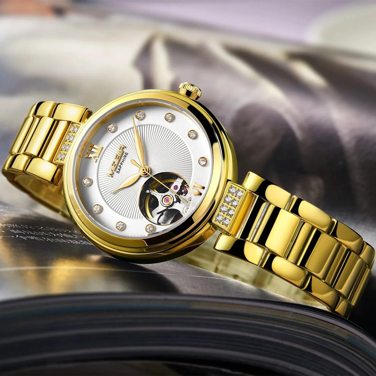 MEGIR Luxury Stainless Steel Gold Women Bracelet Watch Large Dial Automatic Mechanical Wrist Watches Ladies Business Watch Clock 62060