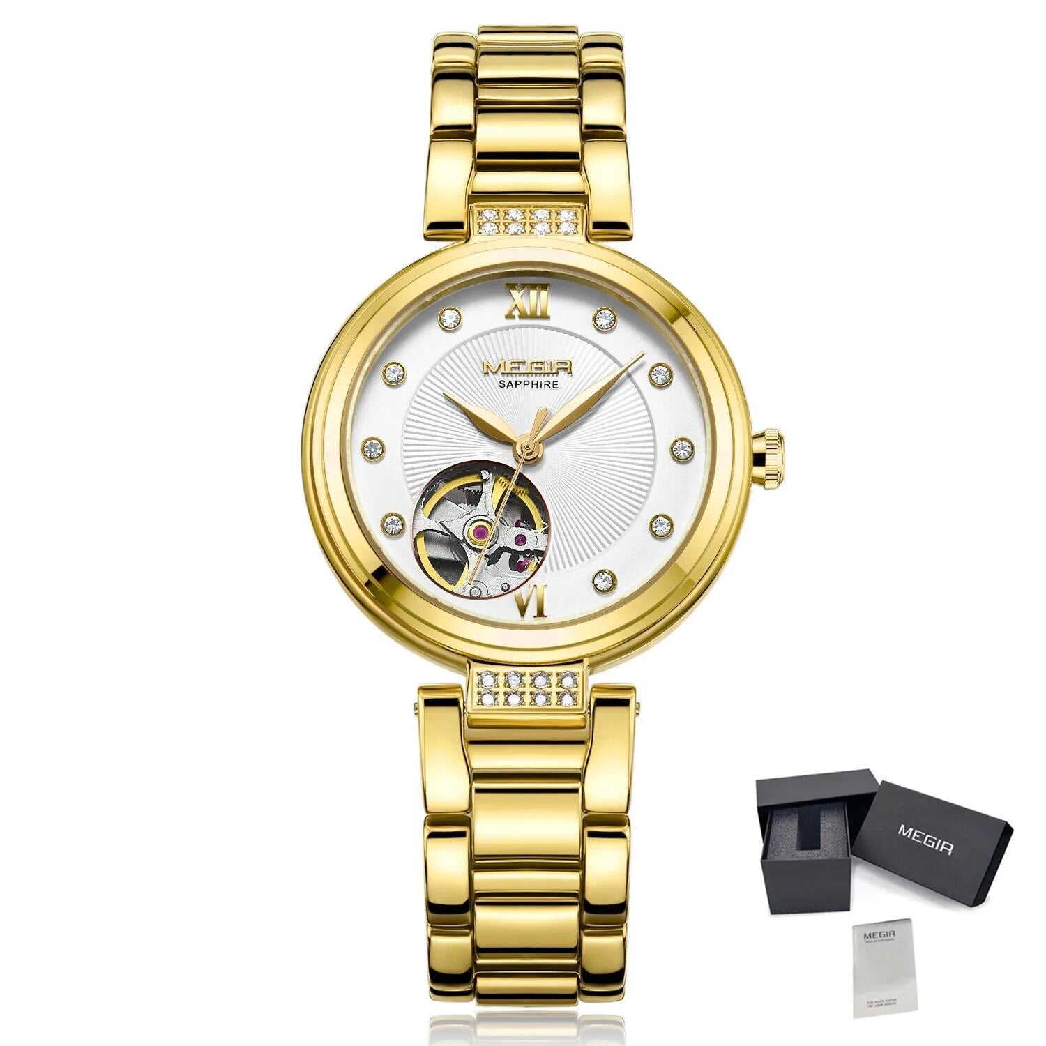 MEGIR Luxury Stainless Steel Gold Women Bracelet Watch Large Dial Automatic Mechanical Wrist Watches Ladies Business Watch Clock 62060