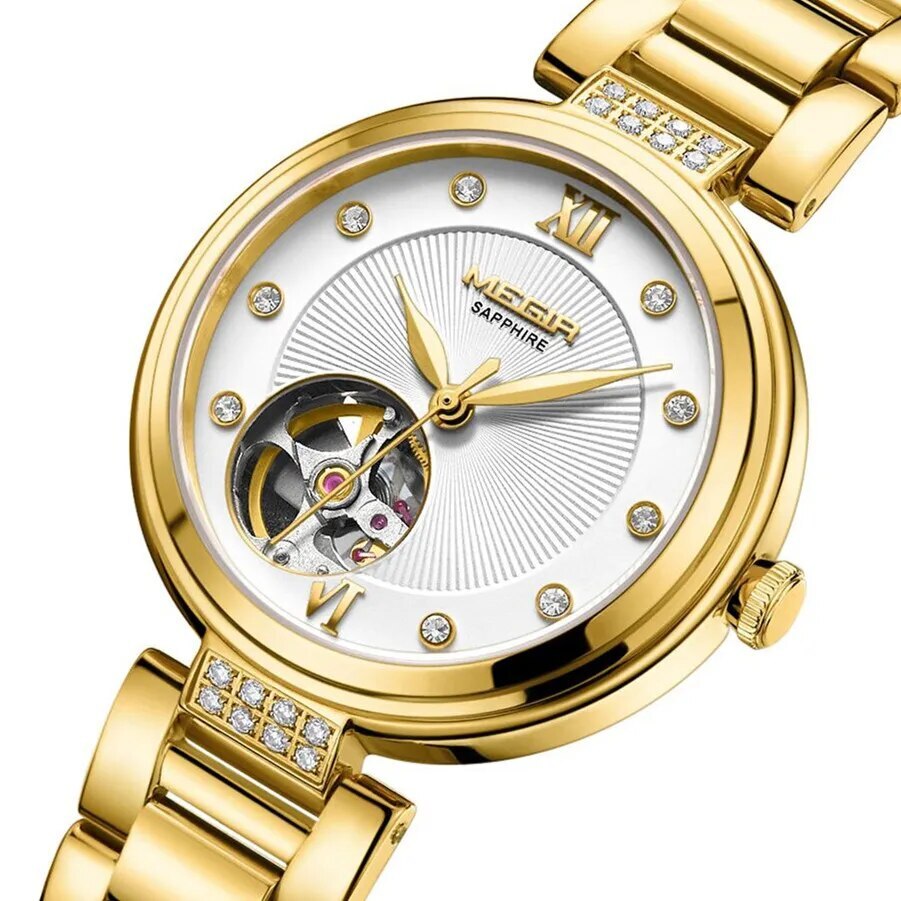 MEGIR Luxury Stainless Steel Gold Women Bracelet Watch Large Dial Automatic Mechanical Wrist Watches Ladies Business Watch Clock 62060