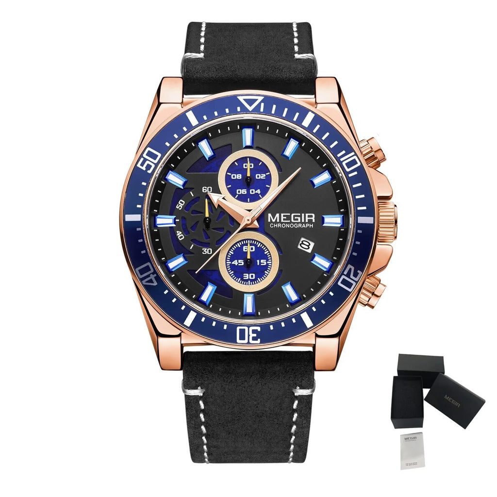 MEGIR Fashion Watches for Men Leather Strap Sport Military Wristwatch Man Quartz Watch Waterproof Chronograph with Calendar 2132