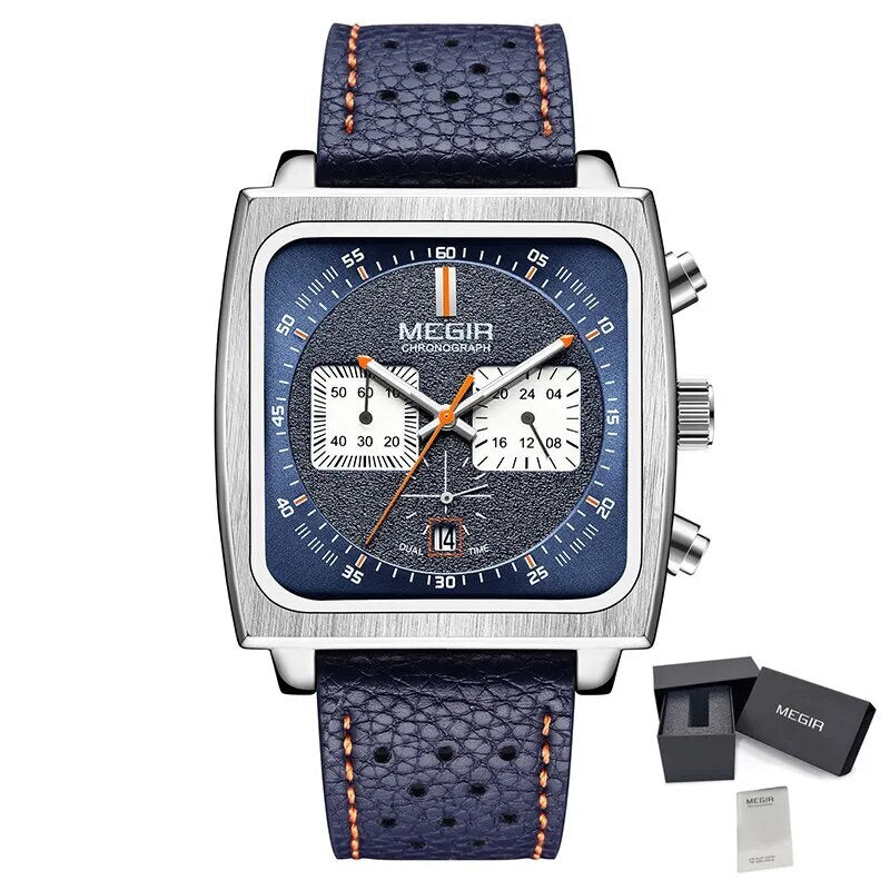 MEGIR Watches for Men Luxury Black Sports Casual Chronograph Waterproof Calendar Square Dial Wristwatches with Date Clock 2182