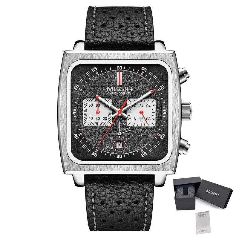 MEGIR Watches for Men Luxury Black Sports Casual Chronograph Waterproof Calendar Square Dial Wristwatches with Date Clock 2182