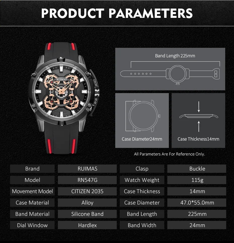 RUIMAS Top Brand Mens Watches Luxury Silicone Large Dial Sports Quartz Wristwatch Waterproof Date Clock Casual Relogio Masculino 547