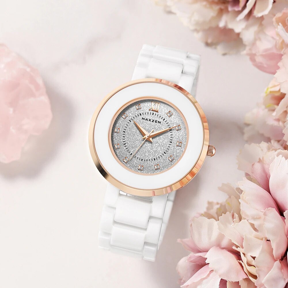NAKZEN Women's Quartz Fashion Simple Ceramics Analogue Watch Ceramic Band 30M Waterproof Diamond Dress Watches relogio feminino 1017