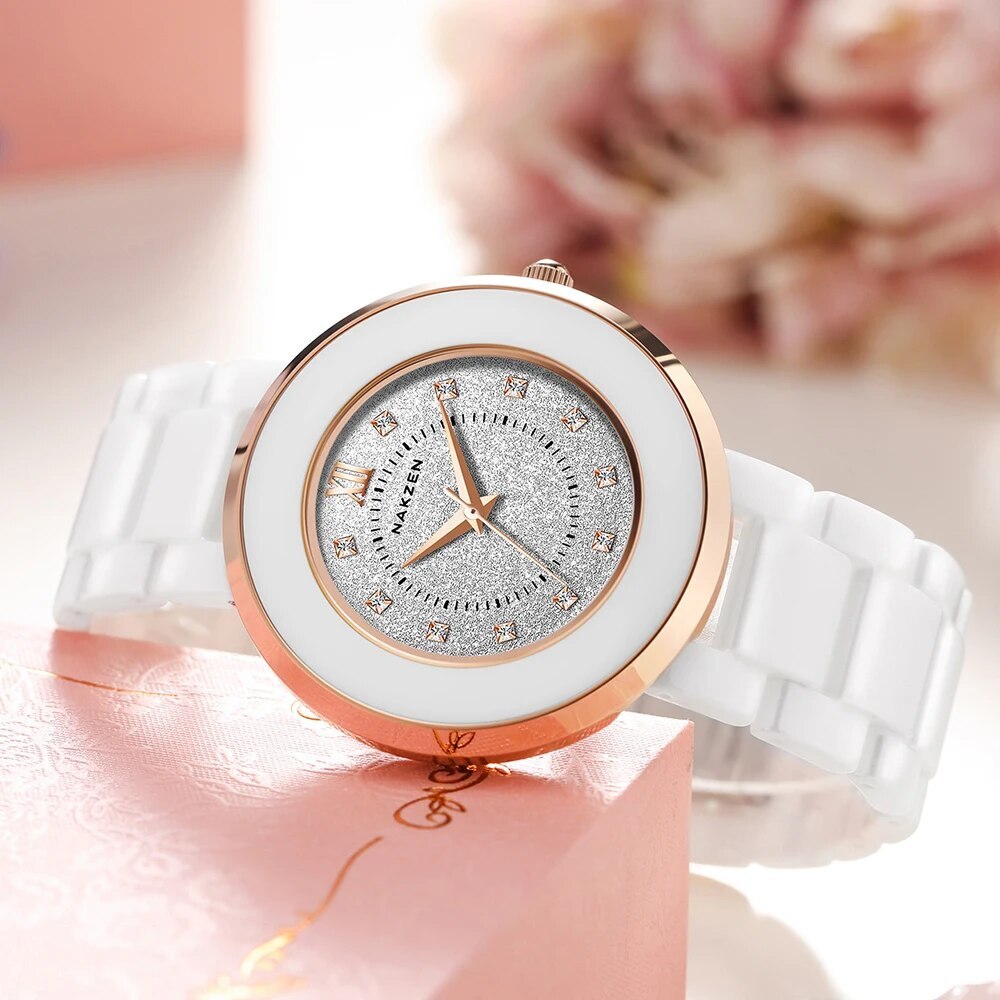 NAKZEN Women's Quartz Fashion Simple Ceramics Analogue Watch Ceramic Band 30M Waterproof Diamond Dress Watches relogio feminino 1017