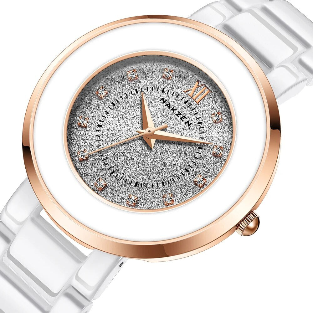 NAKZEN Women's Quartz Fashion Simple Ceramics Analogue Watch Ceramic Band 30M Waterproof Diamond Dress Watches relogio feminino 1017