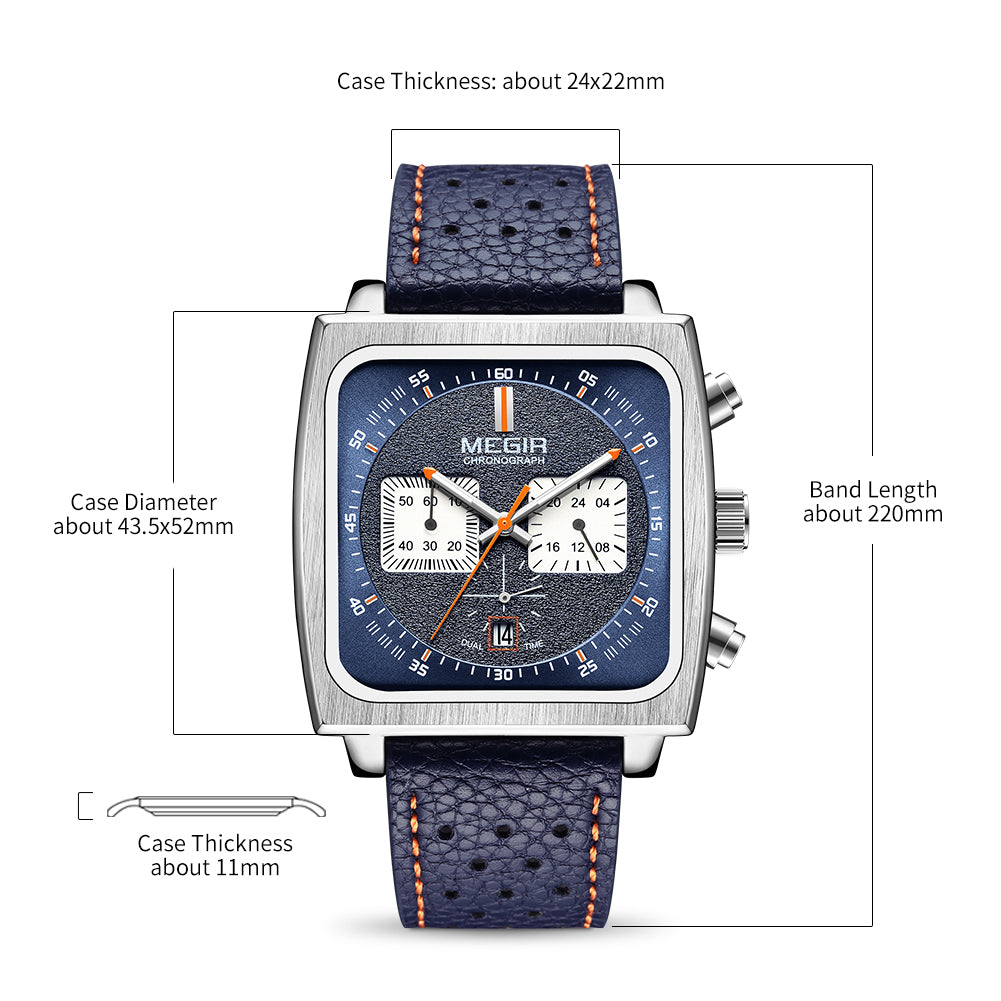 MEGIR Watches for Men Luxury Black Sports Casual Chronograph Waterproof Calendar Square Dial Wristwatches with Date Clock 2182
