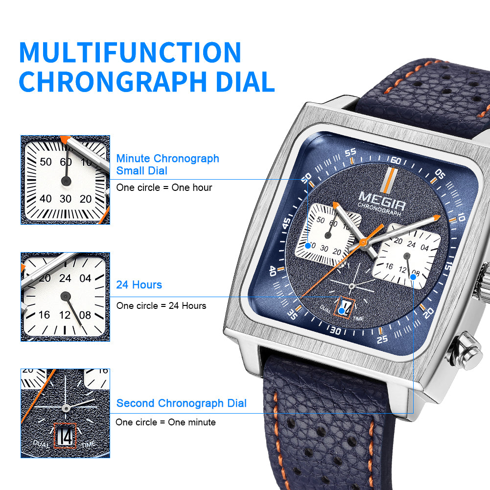 MEGIR Watches for Men Luxury Black Sports Casual Chronograph Waterproof Calendar Square Dial Wristwatches with Date Clock 2182