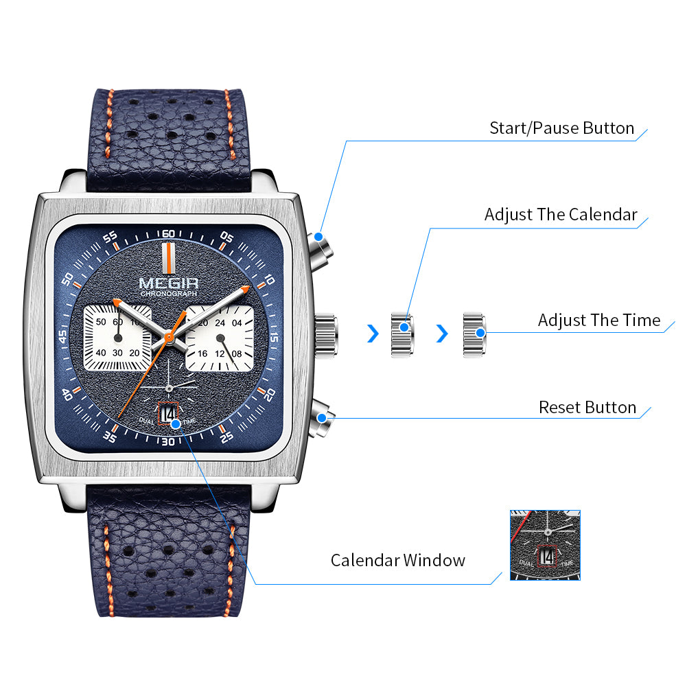 MEGIR Watches for Men Luxury Black Sports Casual Chronograph Waterproof Calendar Square Dial Wristwatches with Date Clock 2182