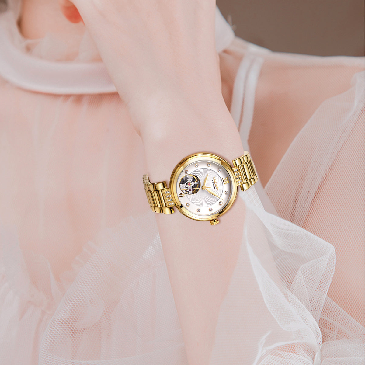 MEGIR Luxury Stainless Steel Gold Women Bracelet Watch Large Dial Automatic Mechanical Wrist Watches Ladies Business Watch Clock 62060
