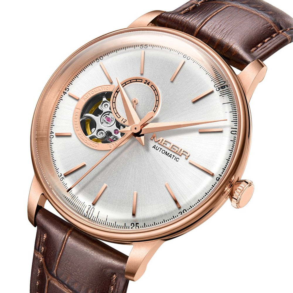 MEGIR Automatic Men's Watch Mechanical Movement Leather Strap Luxury Business Watches 5ATM Waterproof Big Dial Clock Wristwatch 62057