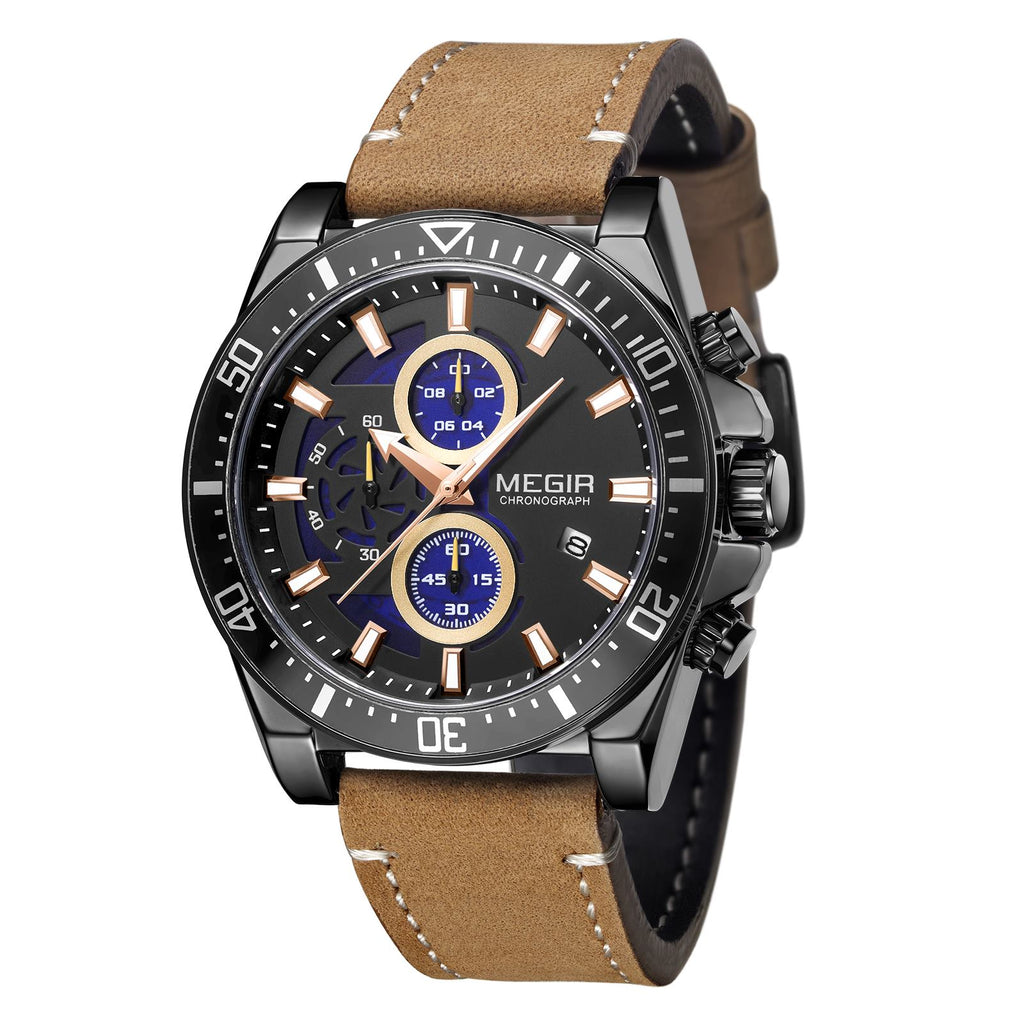 MEGIR Fashion Watches for Men Leather Strap Sport Military Wristwatch Man Quartz Watch Waterproof Chronograph with Calendar 2132