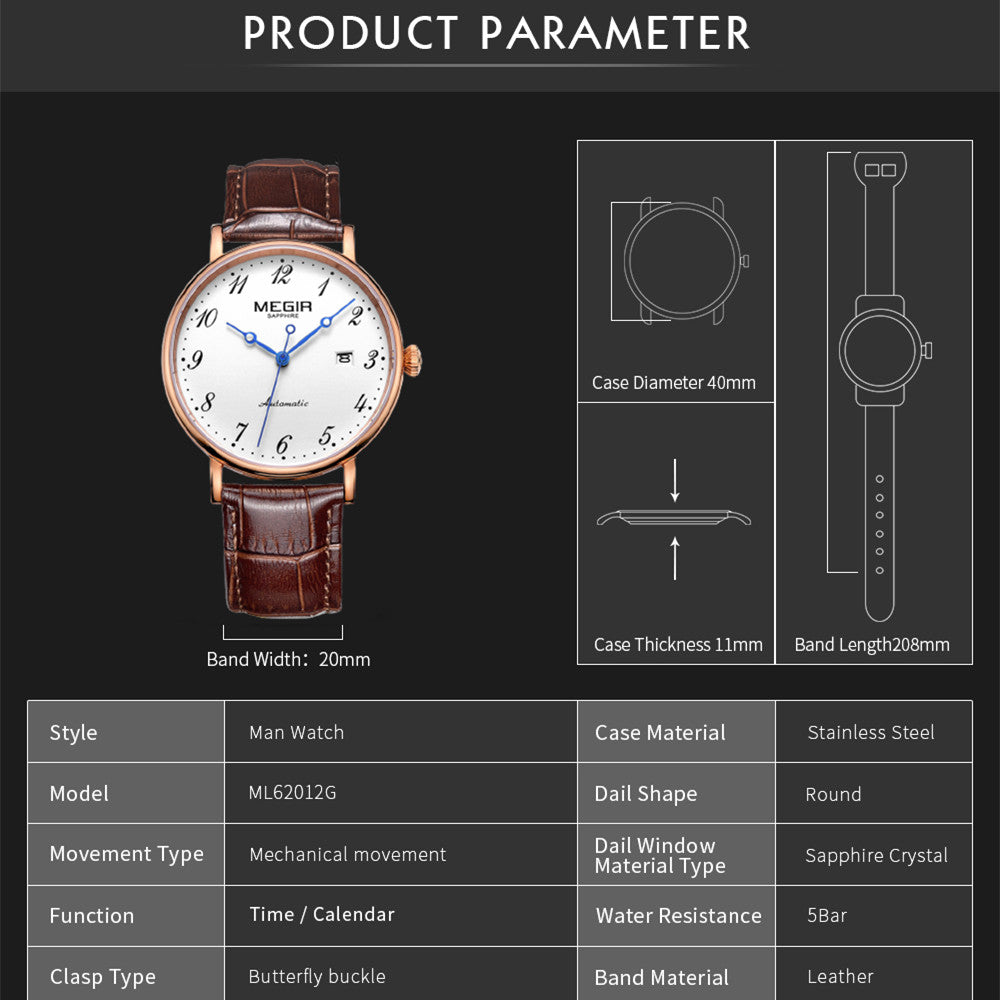MEGIR Luxury Automatic Mechanical Watch for Men Large Dial Sapphire Leather Strap Male Wristwatch Sports Waterproof Date Clock 62012