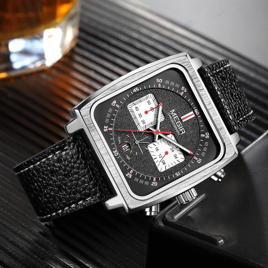 MEGIR Watches for Men Luxury Black Sports Casual Chronograph Waterproof Calendar Square Dial Wristwatches with Date Clock 2182