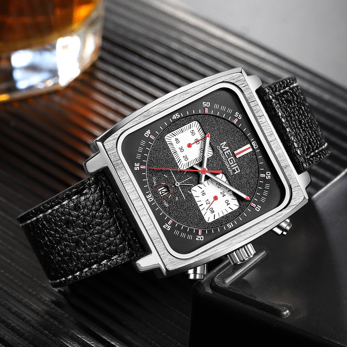 MEGIR Watches for Men Luxury Black Sports Casual Chronograph Waterproof Calendar Square Dial Wristwatches with Date Clock 2182