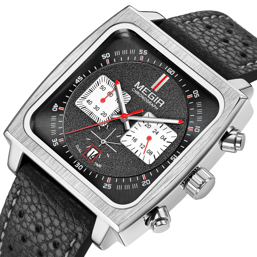 MEGIR Watches for Men Luxury Black Sports Casual Chronograph Waterproof Calendar Square Dial Wristwatches with Date Clock 2182