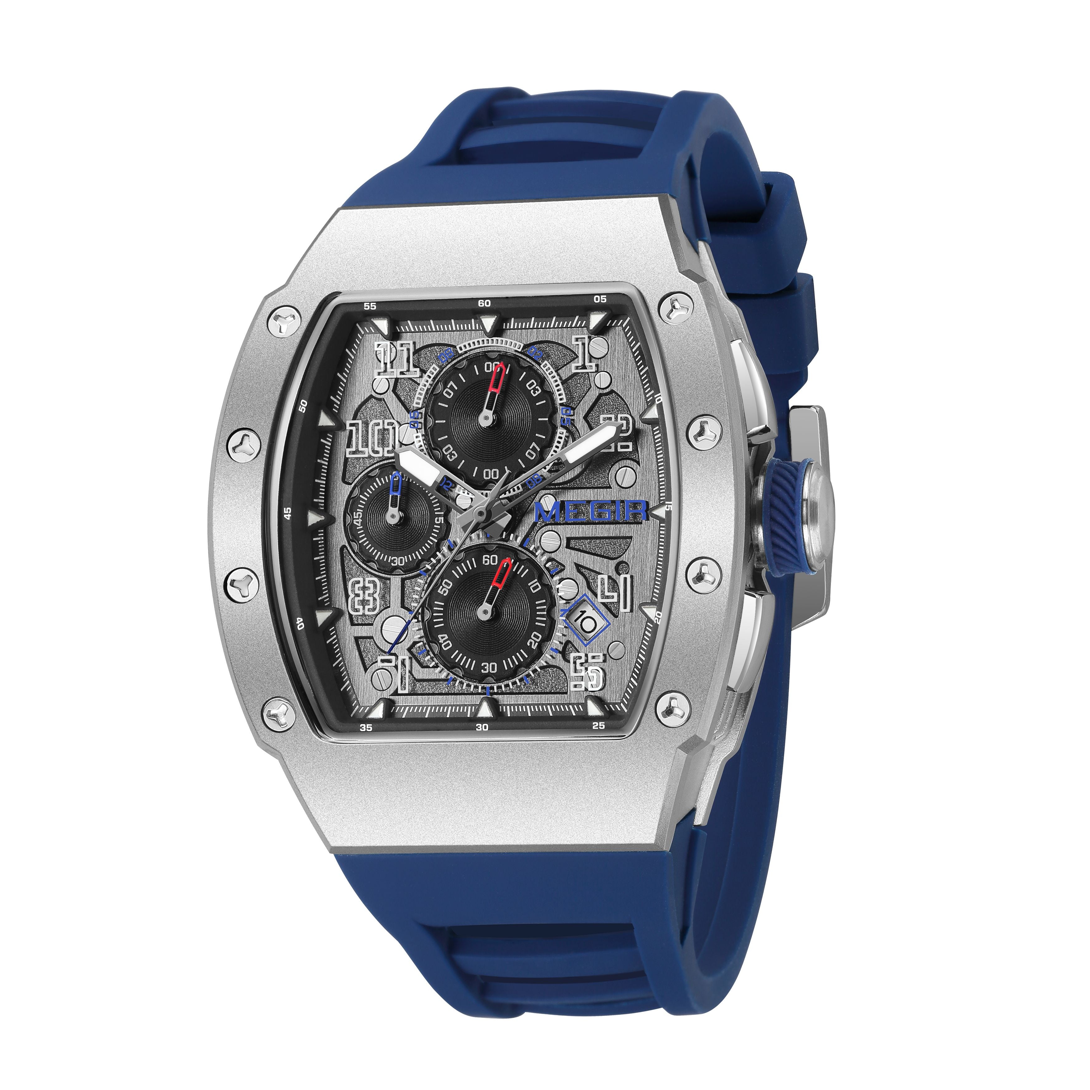 MEGIR Blue Luxury Sport Watch for Men Steel Case Waterproof Luminous Military Quartz Chronograph Auto Date Reloj Hombre 8411