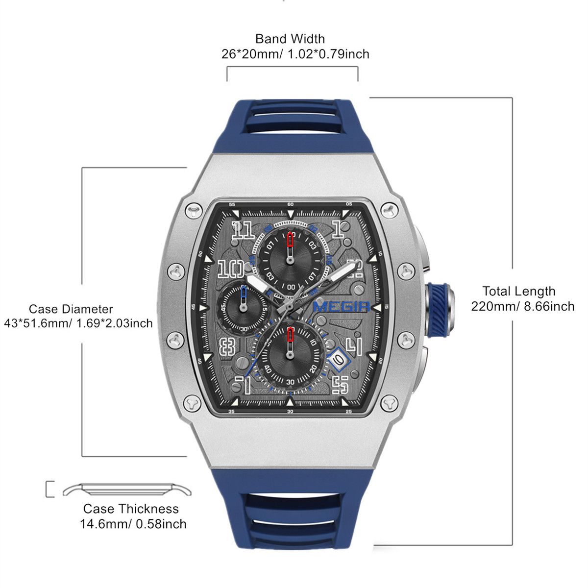 MEGIR Blue Luxury Sport Watch for Men Steel Case Waterproof Luminous Military Quartz Chronograph Auto Date Reloj Hombre 8411
