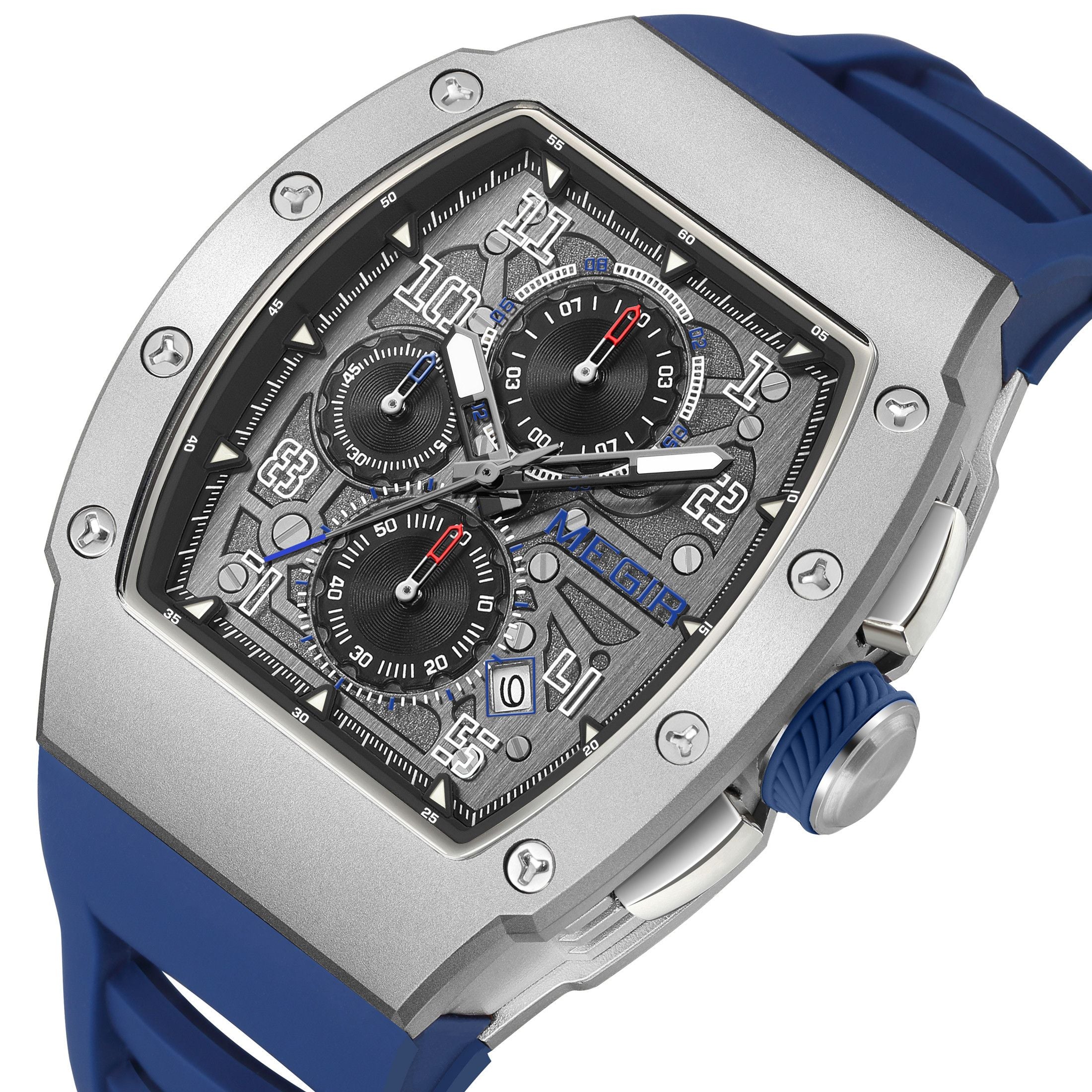 MEGIR Blue Luxury Sport Watch for Men Steel Case Waterproof Luminous Military Quartz Chronograph Auto Date Reloj Hombre 8411