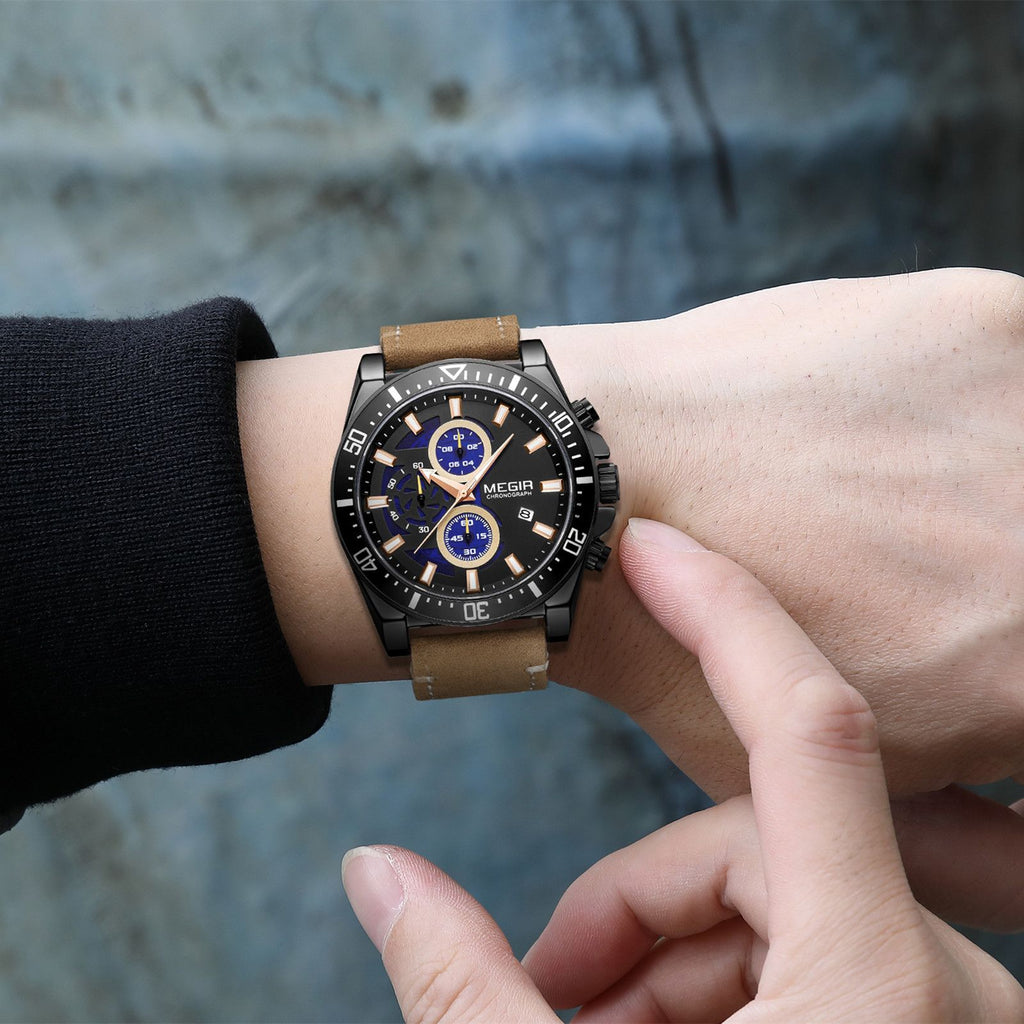 MEGIR Fashion Watches for Men Leather Strap Sport Military Wristwatch Man Quartz Watch Waterproof Chronograph with Calendar 2132