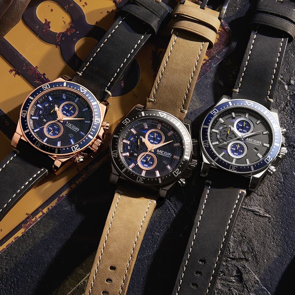 MEGIR Fashion Watches for Men Leather Strap Sport Military Wristwatch Man Quartz Watch Waterproof Chronograph with Calendar 2132