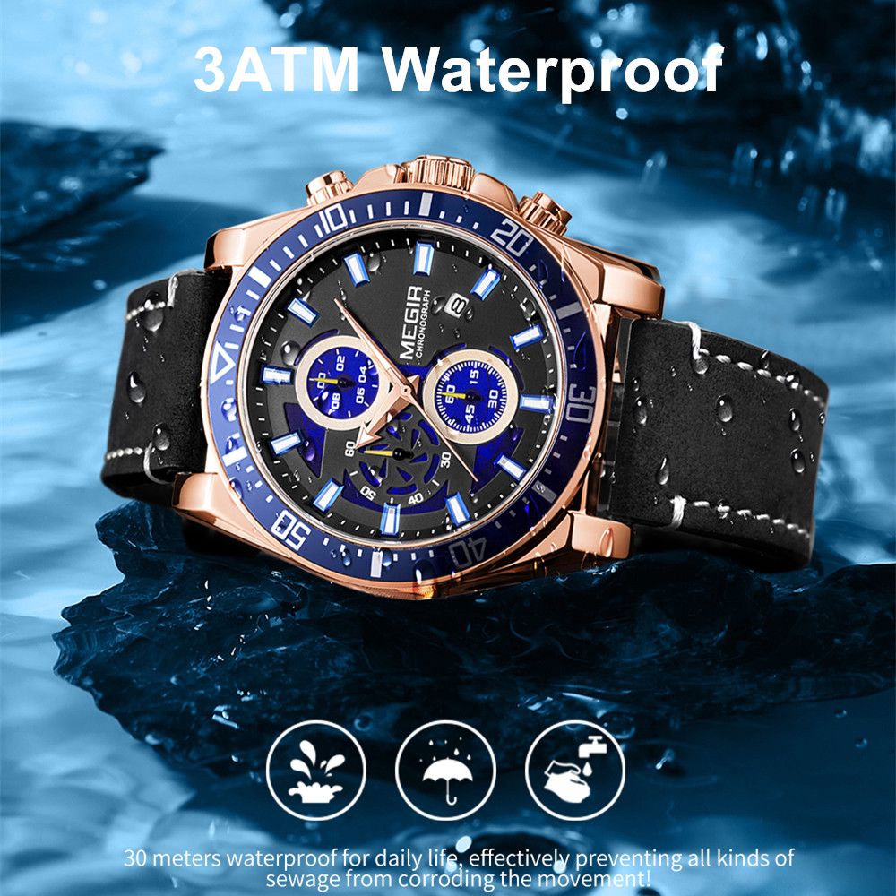 MEGIR Fashion Watches for Men Leather Strap Sport Military Wristwatch Man Quartz Watch Waterproof Chronograph with Calendar 2132