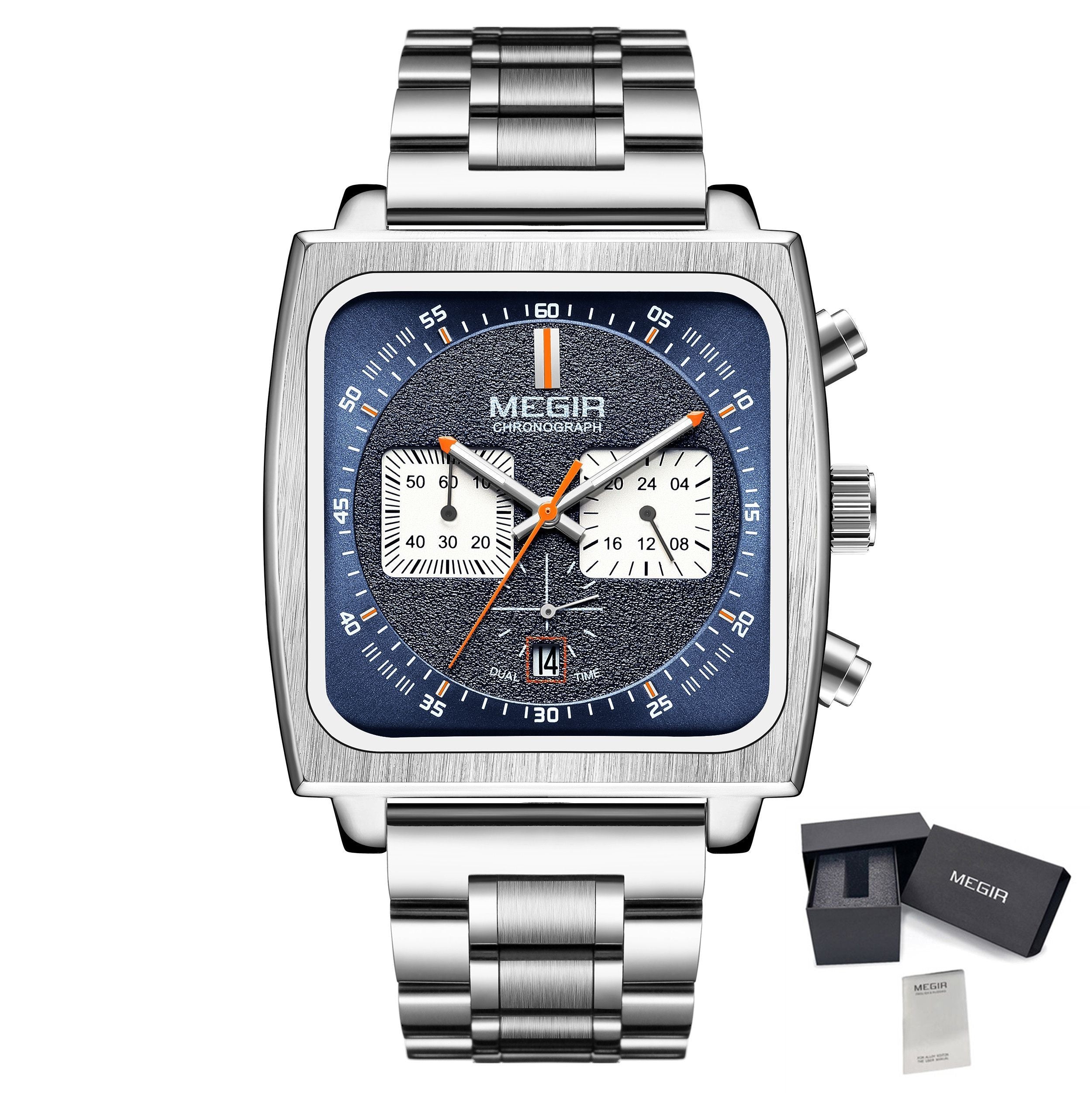 MEGIR Watches for Men Luxury Black Sports Casual Chronograph Waterproof Calendar Square Dial Wristwatches with Date Clock 2182