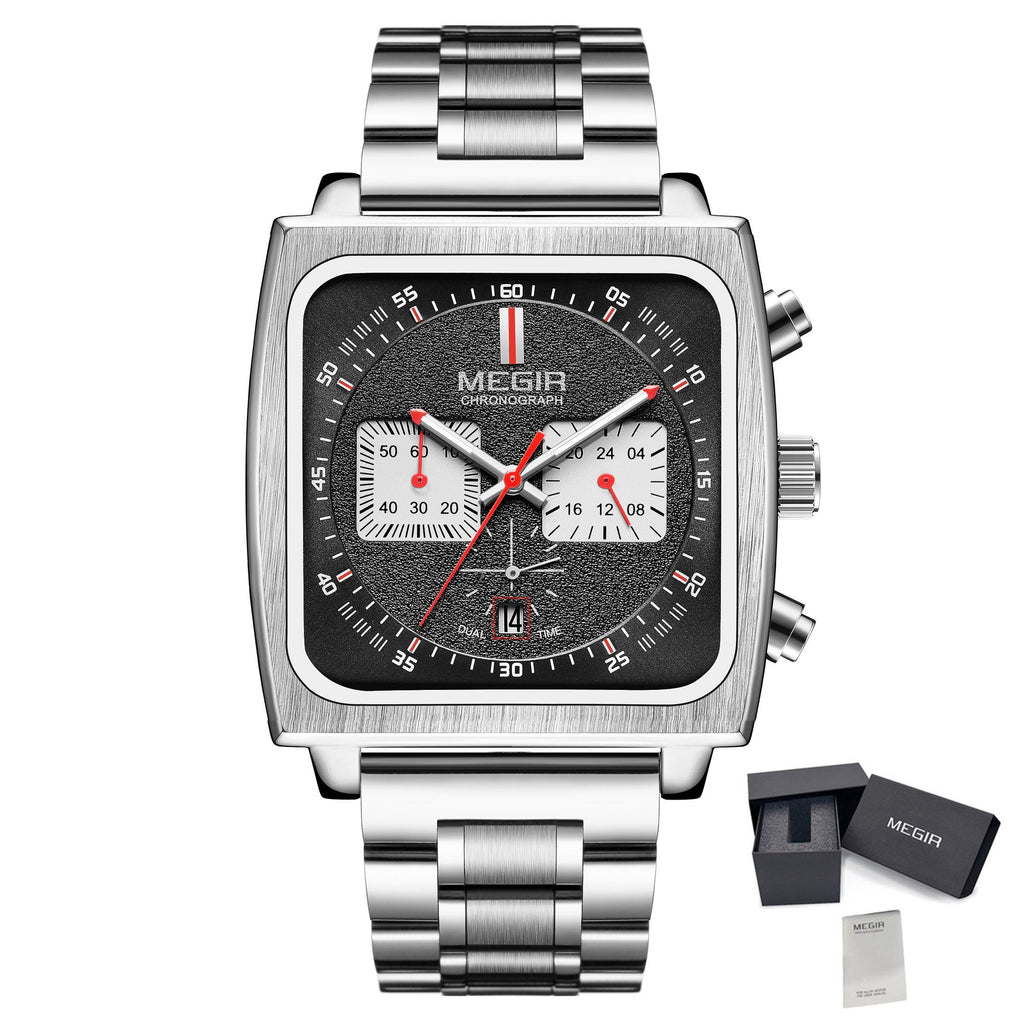MEGIR Watches for Men Luxury Black Sports Casual Chronograph Waterproof Calendar Square Dial Wristwatches with Date Clock 2182